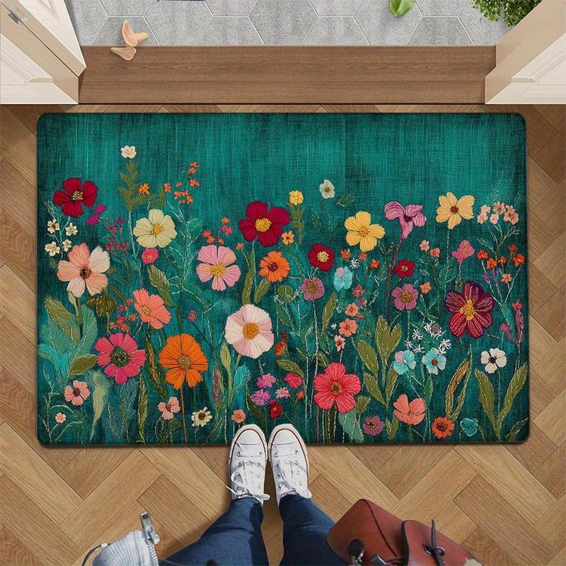 

Spring Garden Doormat – Colorful Flowers on Teal Background, Non-Slip & Machine Washable for Entryway or Home Decor 60cm x 90cm