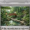 2D Traditional Japanese Garden Backdrop Zen Pond & Greenery Background Cloth