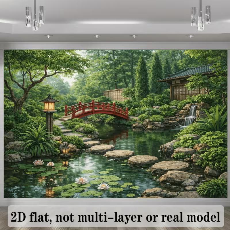 2D Traditional Japanese Garden Backdrop Zen Pond & Greenery Background Cloth