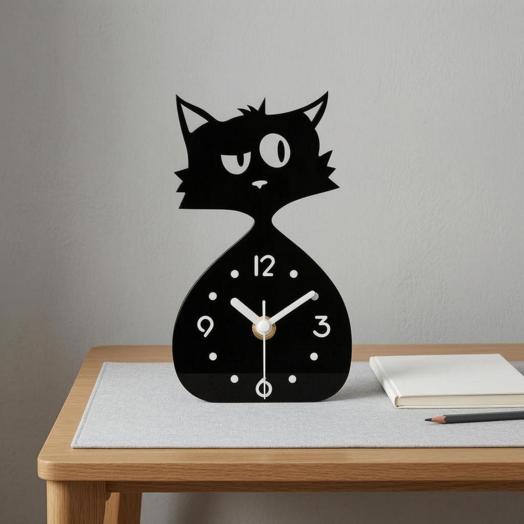 CatShaped Clock Cat Desk Glossy Finish Home Decor for Desktop