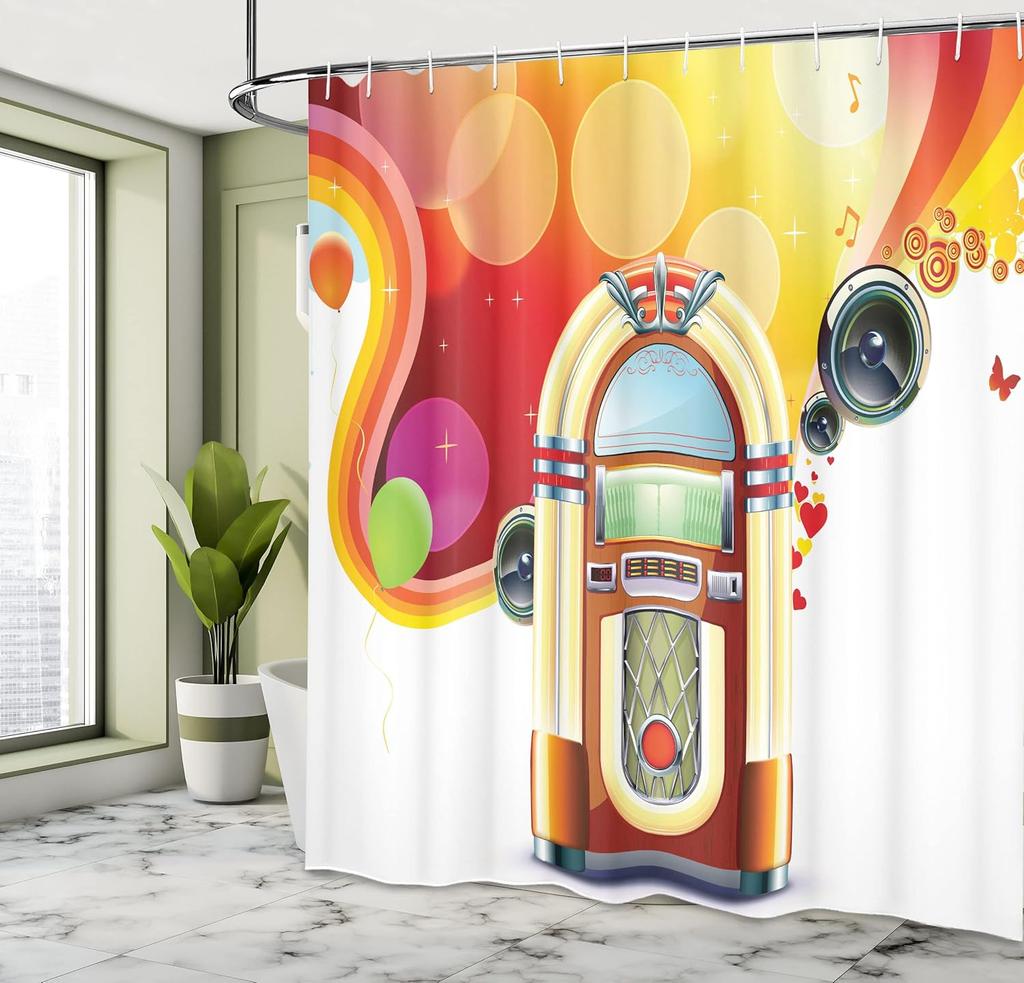 Cute Vintage Jukebox Shower Curtain Music Theme Design Bathroom Decor Retro Style Waterproof Bath Curtain