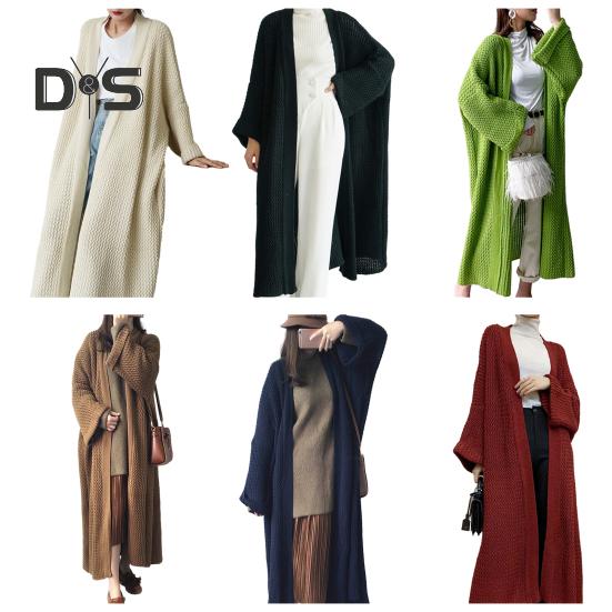 Spring Autumn Women Loose Fit Long Sweater Coat Long Sleeve Solid Color Ankle Length Open Front Knitting Cardigan Outwear