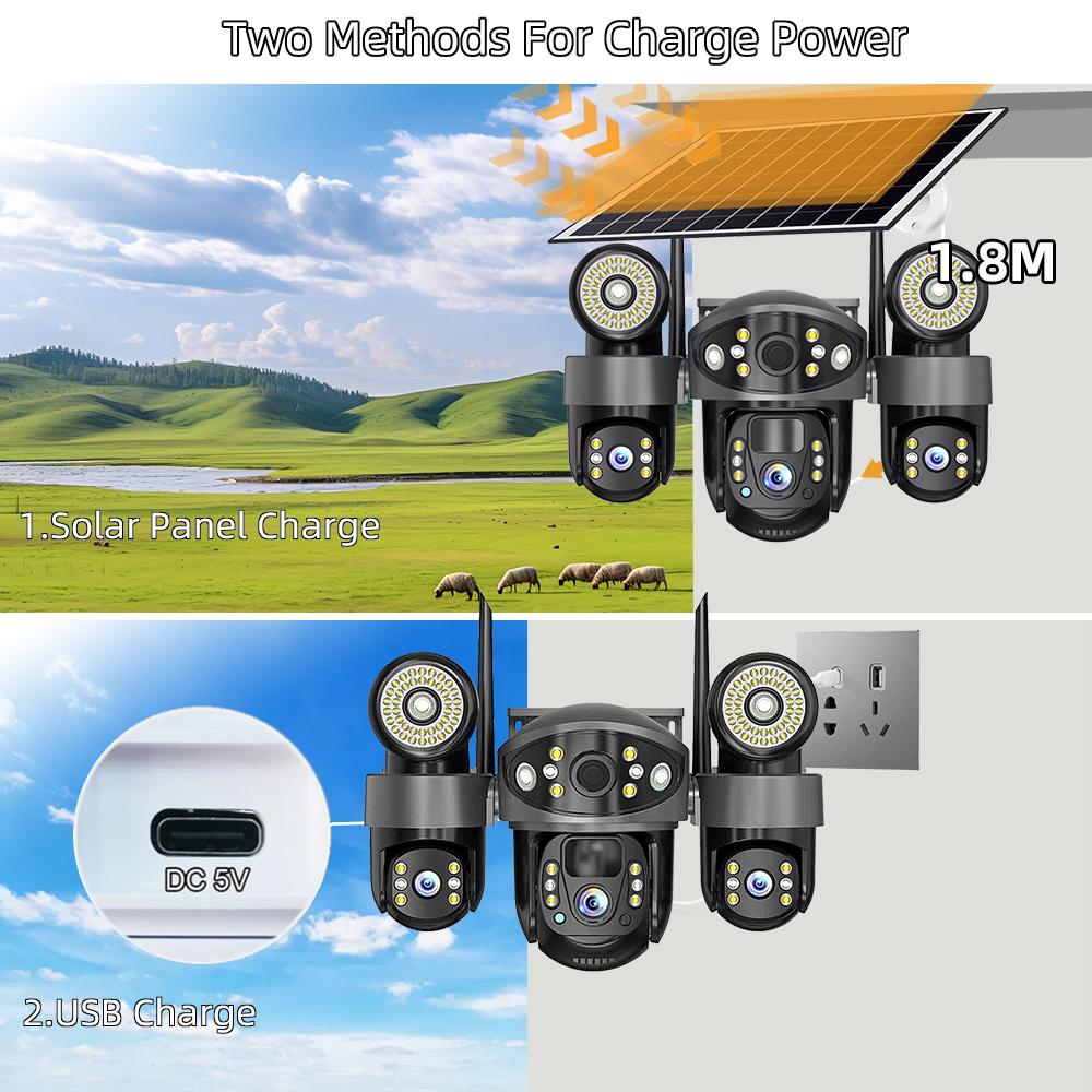 4G/WIFI Solar-powered Security Camera, Triple Lens, Triple Screen, Full-color Night Vision, Motion Detection, Wireless Monitoring