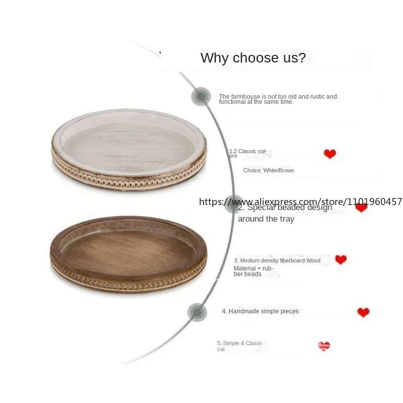 Hanobe Wood Decorative Tray Round White Washed Bead Tray for Coffee Table Rustic Wooden Trays Decor Farmhouse Kitchen Counter