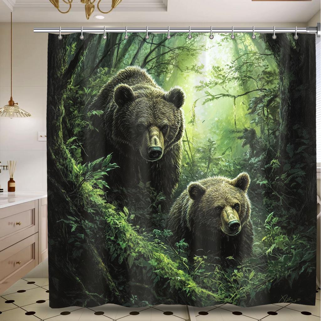 1 Bamboo Forest Bear Shower Curtain - Polyester, Machine Washable, With Hooks, Realistic Brown Bear and Lush GreenPlants Pattern