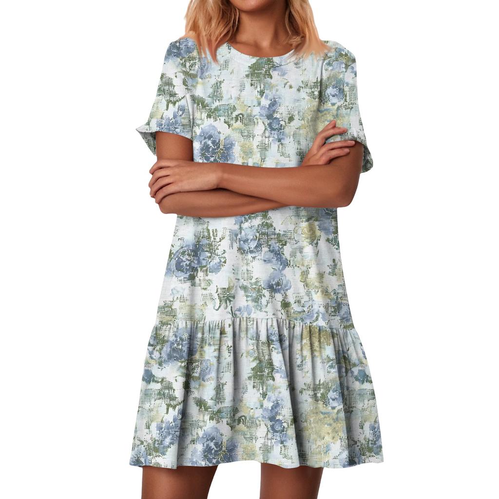 Women's Fashion Casual Round Neck Short Sleeve Ruffled Vintage Printed Dresses