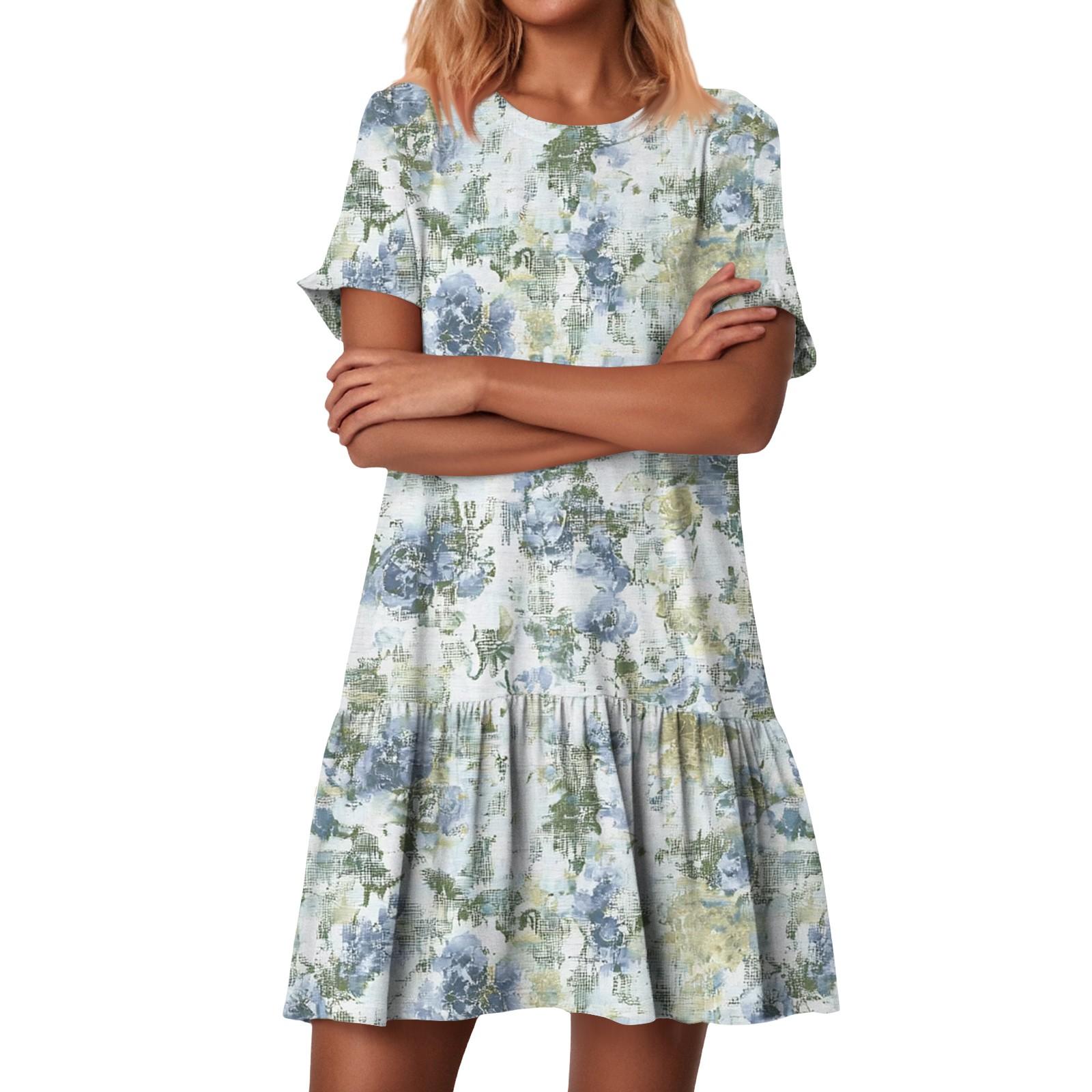 

Женские модные повседневные платья с круглым вырезом и коротким рукавом с оборками и винтажным принтом XL