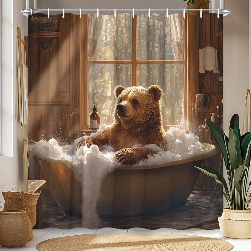 1pc Bear Shower Curtain - Funny Brown Bear Bathing, Rustic Wood Grain, Country Cartoon Design, Modern Bathroom Decor