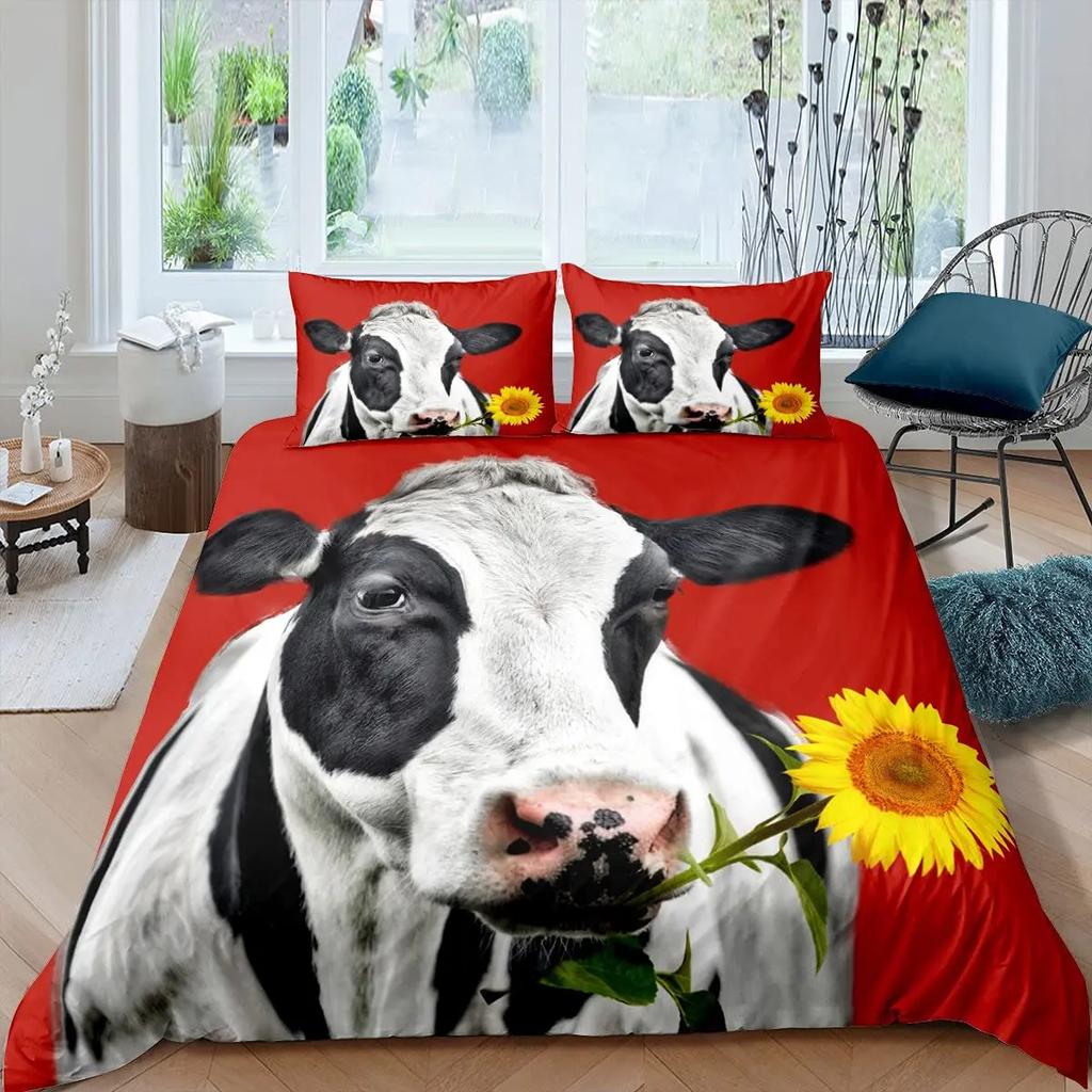 Cartoon Highland Cow Duvet Cover Set Western Animal Bedding Set 3D Ocean Bull Cattle Comforter Cover Floral Branches Quilt Cover