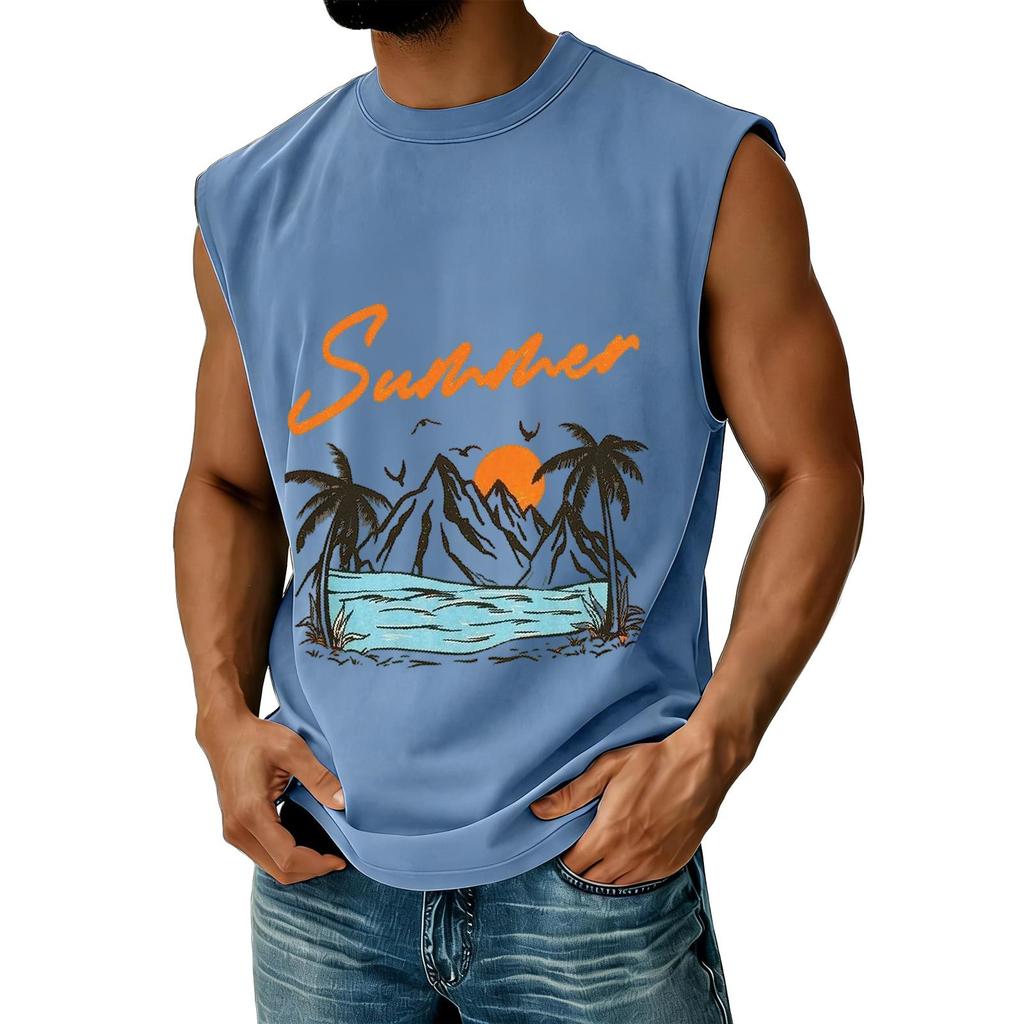 Men's Sleeveless Casual Athletic Vest Summer Graphic Print Muscle Tank Top Outdoor Gym Workout Shirt Beachwear
