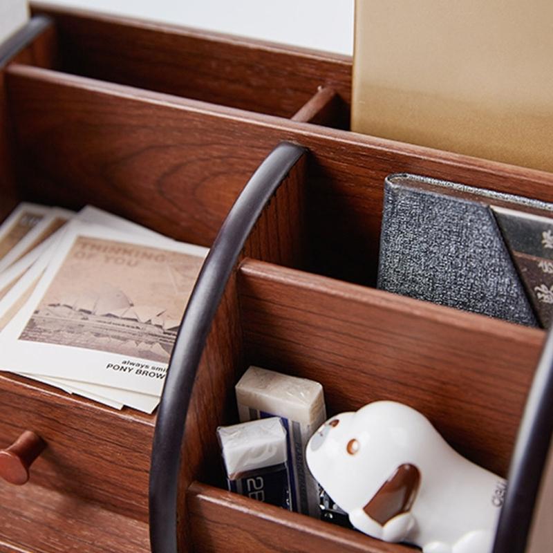 Wood Desk Storage Box with Drawer and Open Sections, Tabletop Holder for Study Table, Home Office Desk and Dressing Table Daily Use