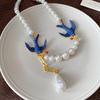 Exquisite Teardrop-shaped Tassels Blue Spray-painted Double Swallows Imitation Pearl Beaded Necklace Earring for Women Jewelry