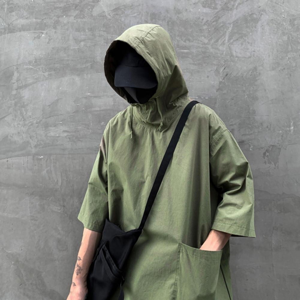 Hooded T Shirt Men Summer Korean Half Sleeve Pullover Top Soft Large Pockets Loose Men T-shirt Streetwear