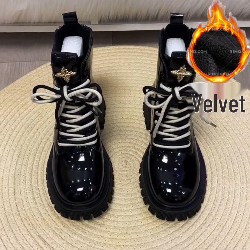 Genuine Women's Soft Leather Patent British Style Ankle Boots, 2025 Autumn/Winter, Plus Velvet, Thick Sole, Fashionable Martin Design