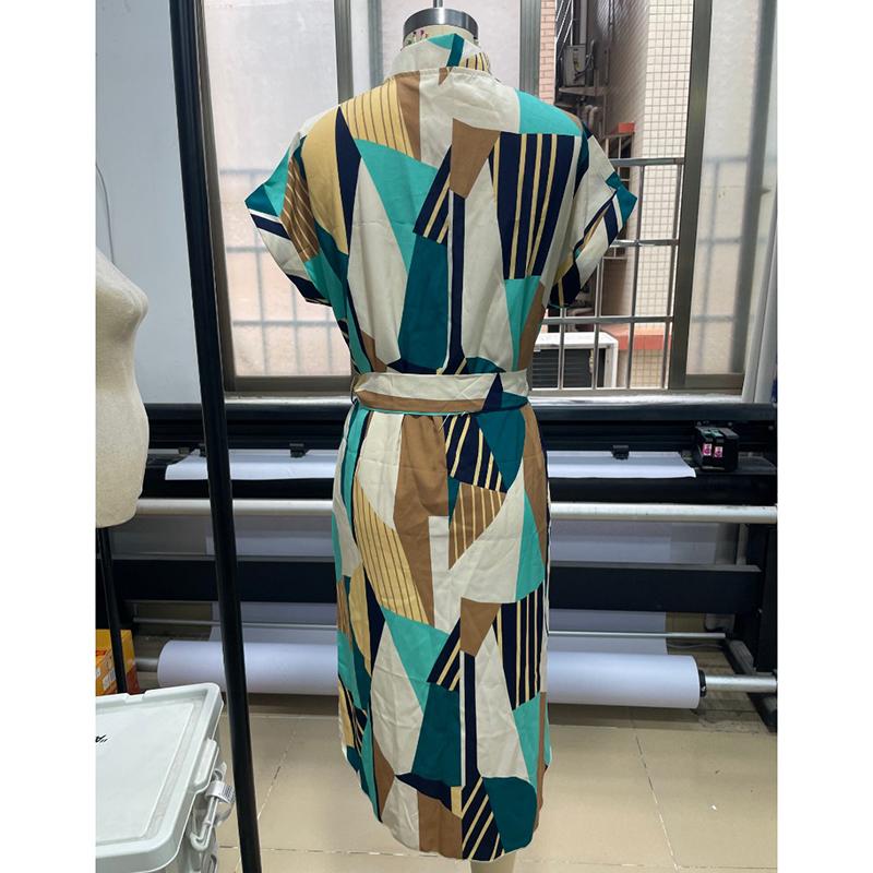 Fashion Batwing Sleeve Print Loose Casual Dresses for Women Summer Lace-up High Waist Vacation Long Dress Woman Vintage Slim Fit Sexy Lady Dress 26174