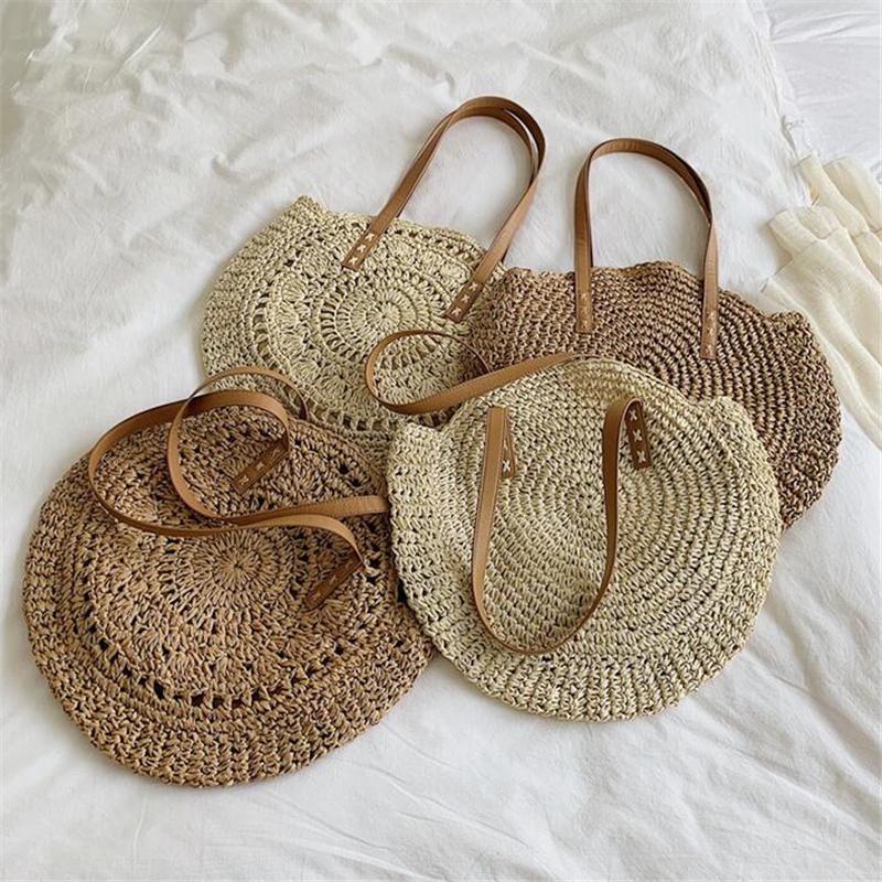 Borsa Rotonda In Paglia Vintage Fatta A Mano – Grande Capacità 44x46 Cm, Beige, Con Cerniera E Tracolla – Borsa Da Spiaggia, Viaggio E Uso Quotidiano In Stile Bohémien