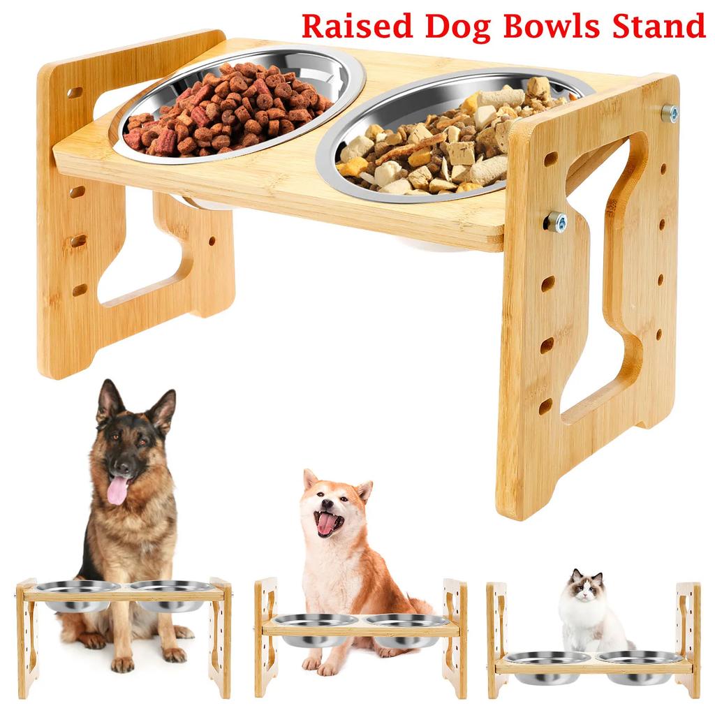 Elevated Dog Bowls Wood Tilted Adjustable Dogs Feeder Stand with Stainless Steel Food Bowls for Your Cat and Dog Pet Accessories