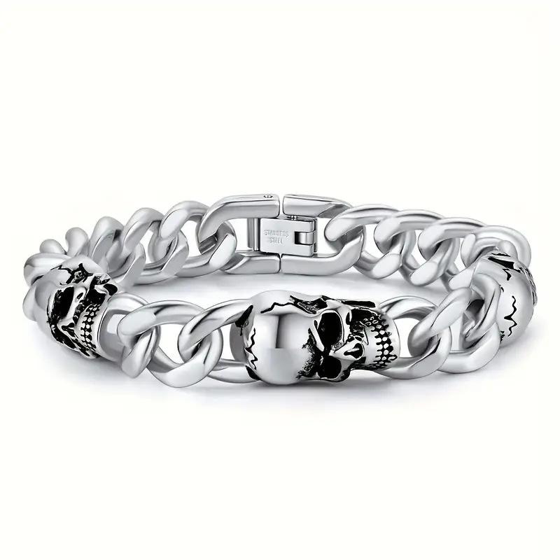 Titanium Steel Men s Cuban Chain Street Hip-Hop Style Skull Stainless Steel Bracelet