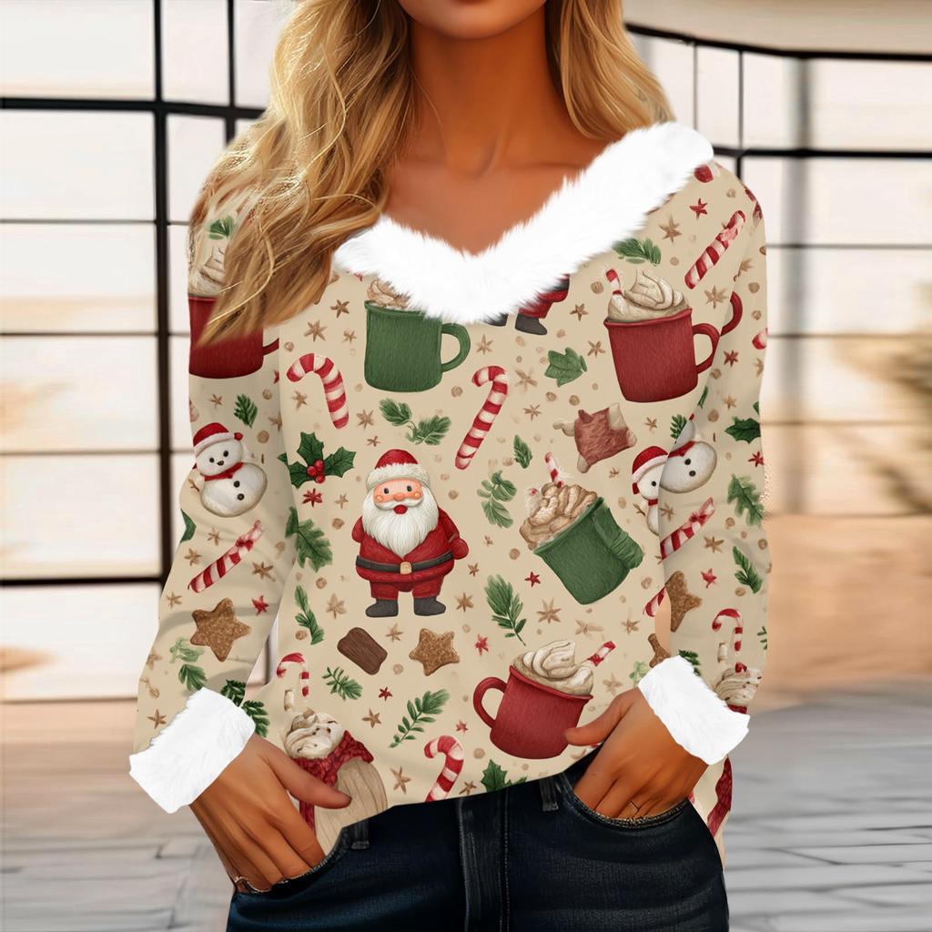 Women's Casual Fashion Long Sleeve Christmas Printed Flannel Collar Top