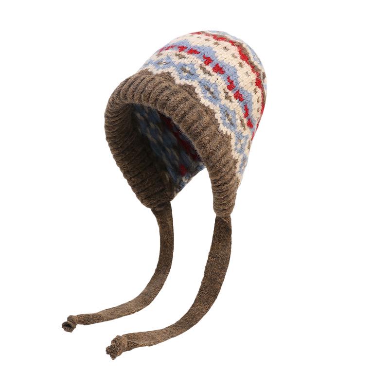 Korean Style Women's Fair Isle Winter Knit Drawstring Hat