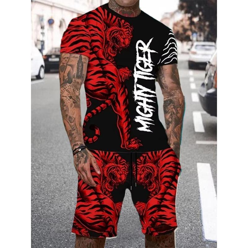 Summer Men Short Sleeve+ Shorts 2PCS Set Cool The Lion King 3D Print Kid T-Shirt +Drawstring Short Set Men's Set Clothing
