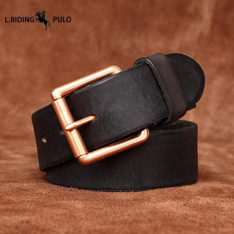 Heavy-duty Washed and Distressed Thickened Top-grain Cowhide Men's Leather Belt, American Retro Style Genuine Leather with Copper Buckle