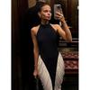 European and American Style Summer New Women's Clothing Temperament Sexy Neck Backless Pleated Contrasting Color Slim Hip Dress