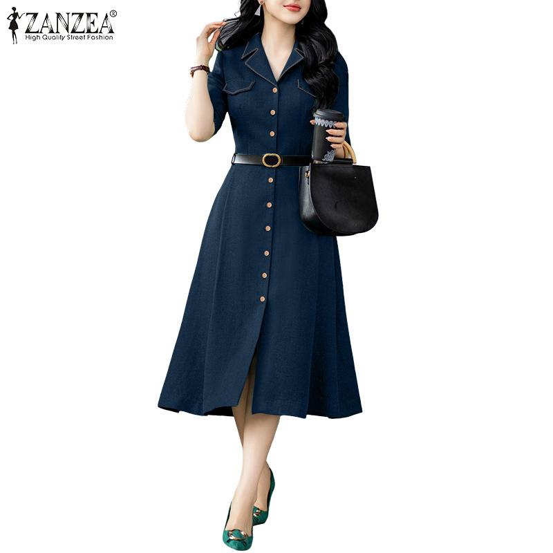 ZANZEA Women Summer Turn Down Collar Casual Short Sleeve Dress