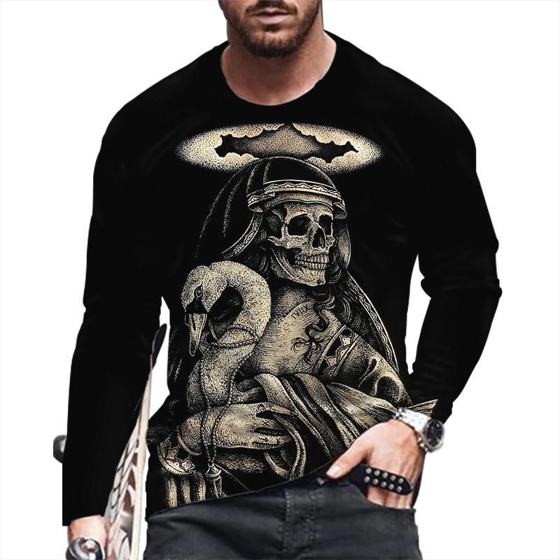 Autumn Winter Men's Christmas Pullover Long Sleeve Top Loose Fit Spring Skeleton Youth Men Round Neck Casual T-shirt