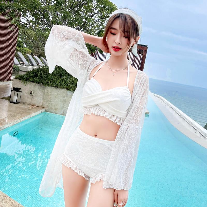 2025 Fairy Style Lace Bikini Set: Three-Piece Long Sleeve Split Swimsuit