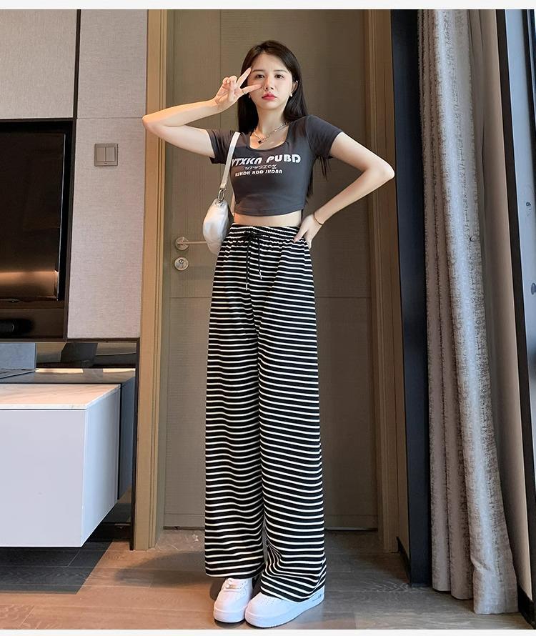Petite High Waist Zebra Striped Wide Leg Knit Pants - Black & White, Women's Spring/Autumn
