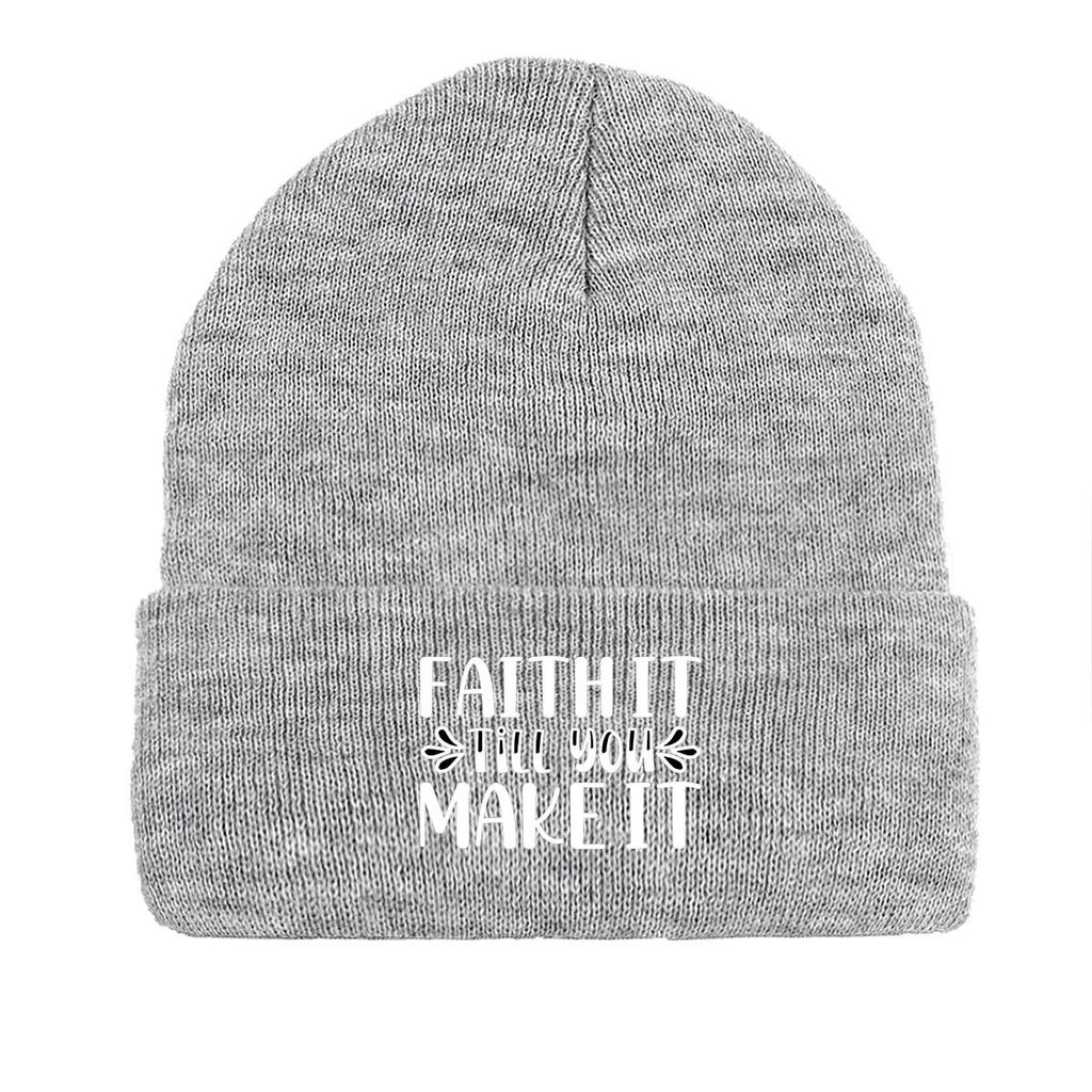 FAITH IT TILL YOU MAKE IT" Print Knitted Cap Beanie, Skullies Beanies Stretchy Versatile Stylish Bobble Hat Knit Hat Beanie