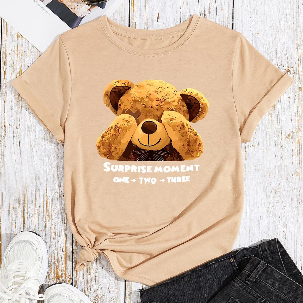 BEAR Pattern Cotton T-Shirt Short Sleeve Round Neck Women 2d Print Tops
