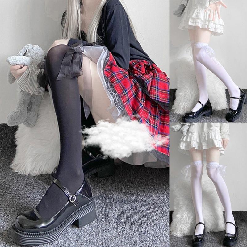 Bowknot Stockings Womens Lace Trims Thigh High Stockings Over Knee Long Stockings,Long Socks for Student Girl