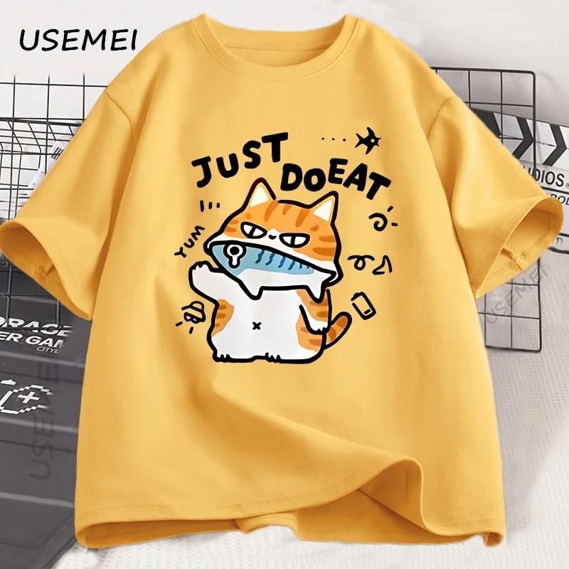 

Funny Cat Eat Fish T-shirt for Women Summer Tops Tshirts O-neck Women Clothing Streetwear Short Sleeve T Shirt S
