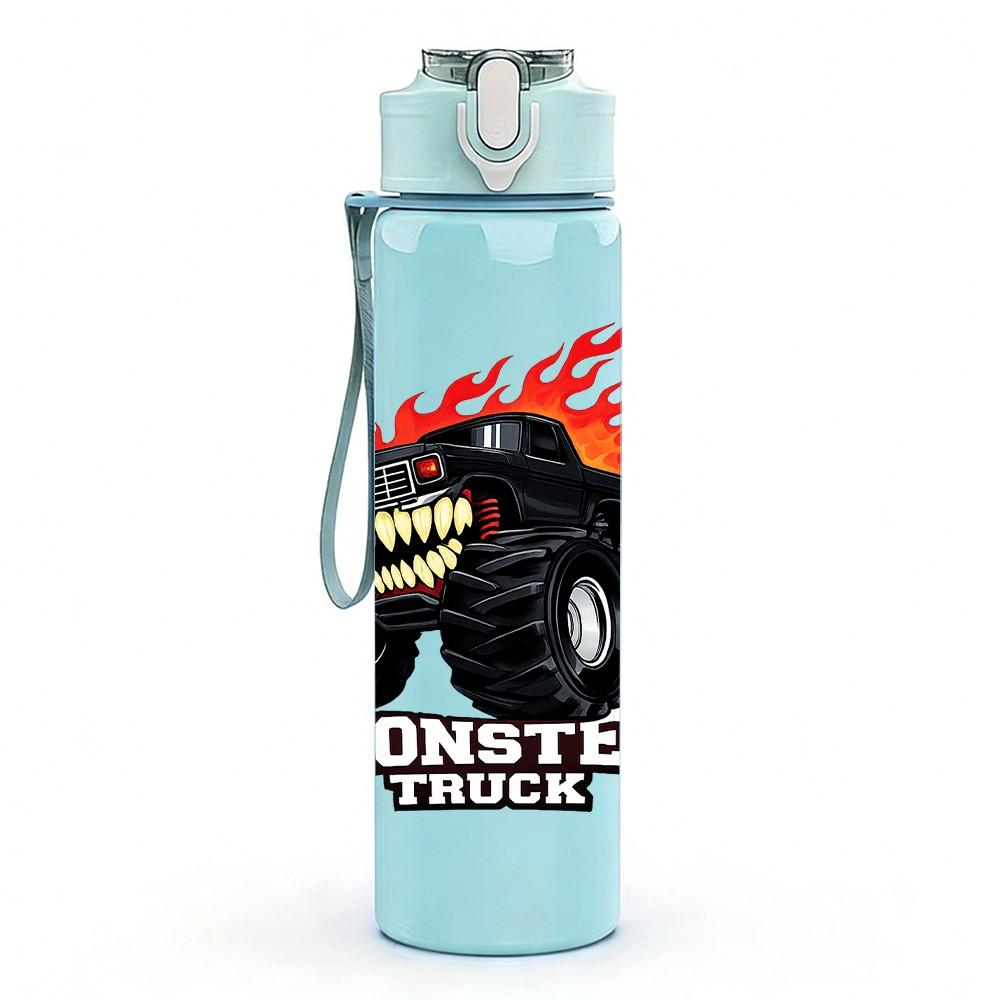 1PC Monster Truck Fire Flame Sport Print 750ml Color Plastic Sports Water Bottle Leakproof Flip Straw Lid Suitable for Sports Office Home Use