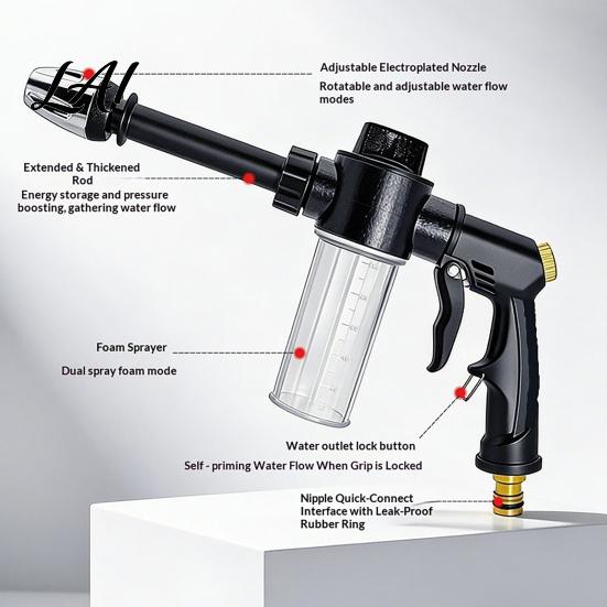 Water Flow Control Nozzle Garden Hose with Foam Cannon 3 Spray Modes High-Pressure Detachable Nozzle Heavy Duty Booster for Car Washing Outdoor