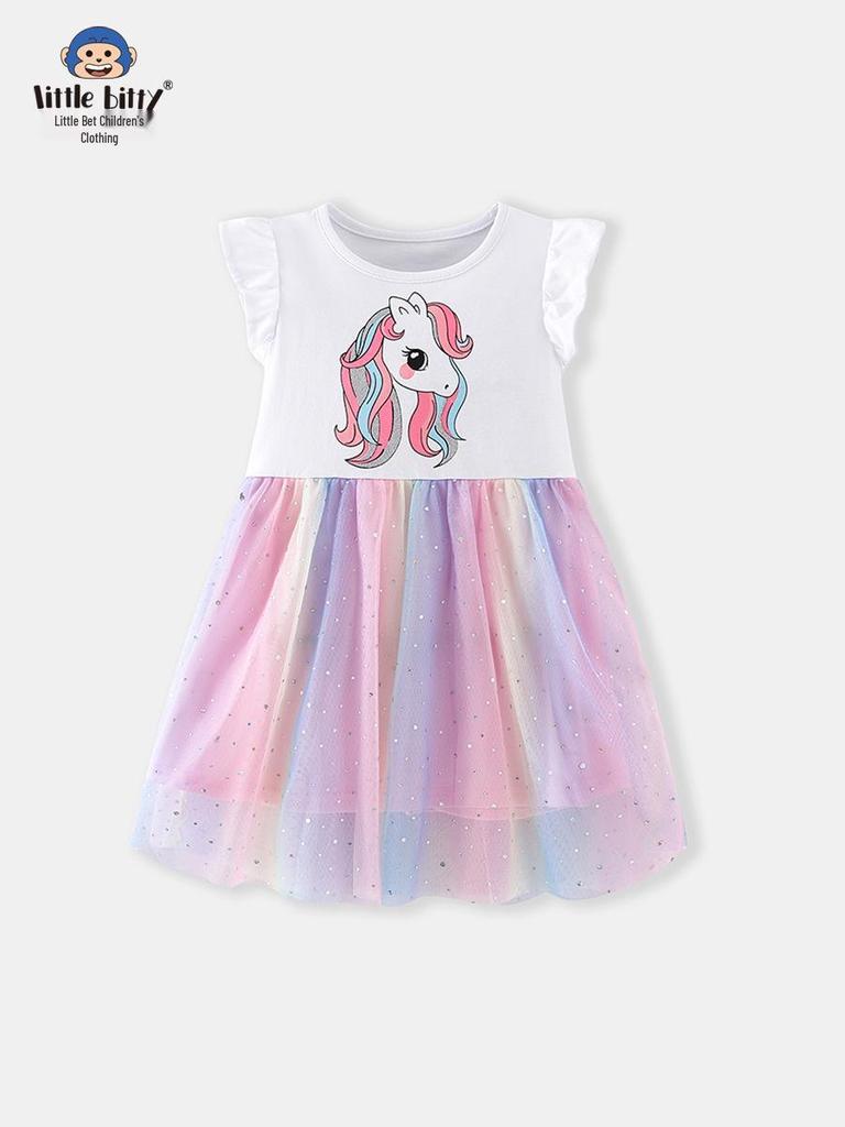 Spring/Summer 2026 Girls' Ruffle Sleeve Mesh Dress with Cute Animal Print