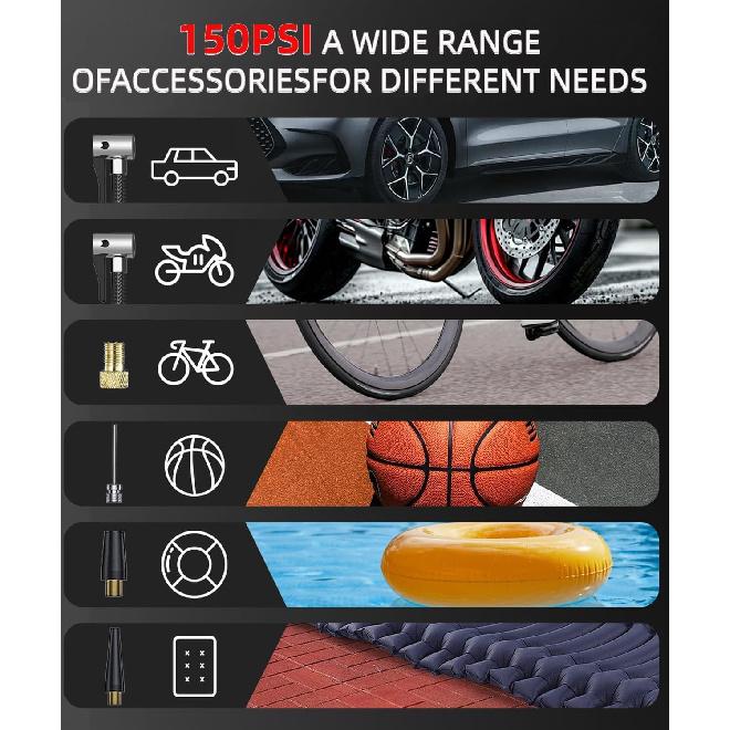 Tire Inflator Portable Air Compressor For Car, Ball Basketball Pump For Sports Balls Auto For Car Tires Bicycle W Gauge Values Display, 150PSI Power