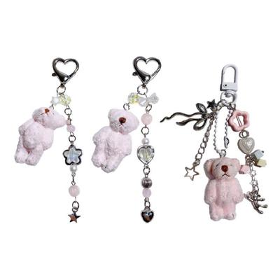 Bead Chain Adorned Bear Keyring Plush Animal Keychain Pendant Handmade Phone Charm Unique Gift for Children and Teens