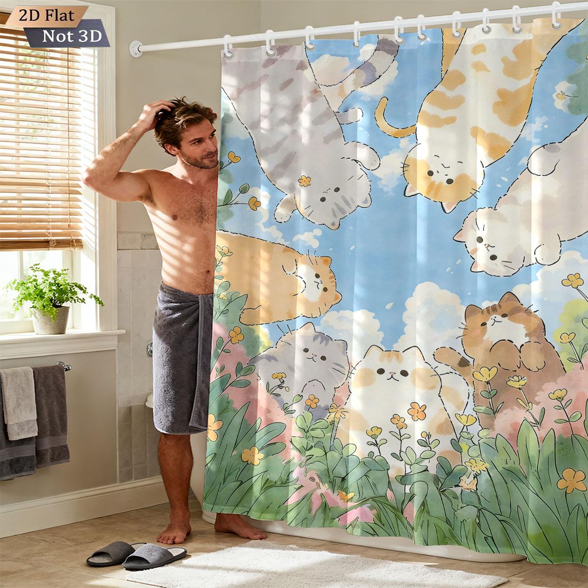

1Pc Cute Cartoon Cat Printed Waterproof Shower Curtain Partition Privacy Hanging Curtain With Hooks Multiple Sizes W60H190(CM)-1 Pcs