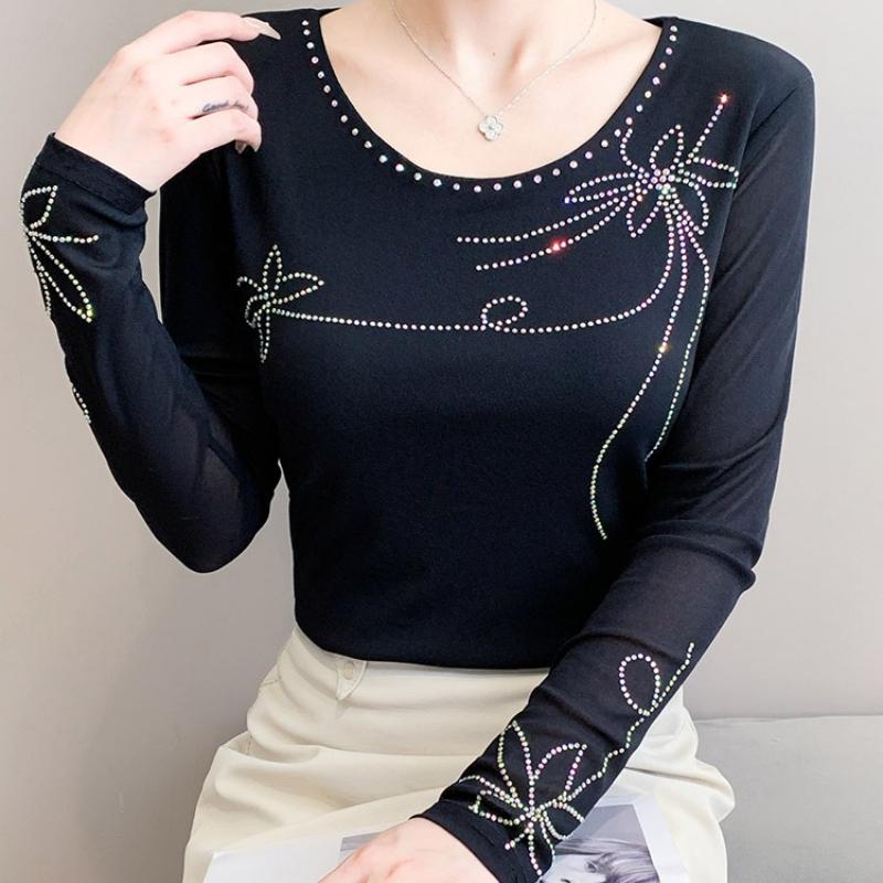 Spring Autumn Women's Hotfix Rhinestone T-Shirt Elegant O-neck Full Sleeve Tees Slim Ladies Tops