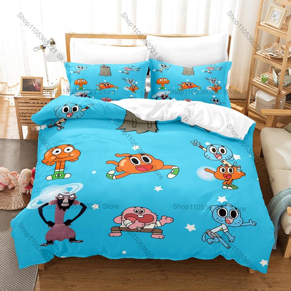 Úžasný svět Gumballa Gumball a Darwin HD Tisk Povlečení Přikrývka + 2 Povlaky na polštář Polyester Dekorace do pokoje pro kluky a dívky