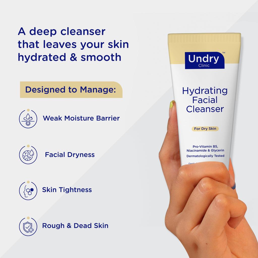 Undry Hydrating Facial Cleanser | Gentle Deep-Cleansing Gel with Pro-Vitamin B5, Niacinamide & Glycerin | For Dry Skin | Dermatologically Tested |