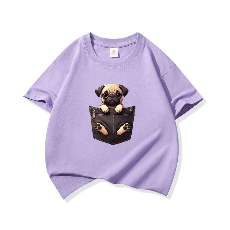 Kids Cotton T Shirt Cute Pocket Pug Puppy Dog Graphic Crew Neck Short Sleeve Tee Casual Breathable Boys Girls Summer Tops