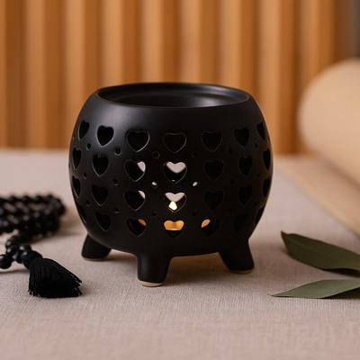 Oil Burner Matte Black Squat Pot Hearts