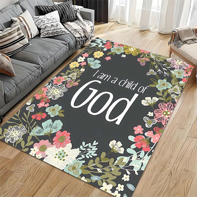 Floral "I Am a Child of God" Design Suitable As a Non-slip Mat for the Living Room or Bedroom Sofa