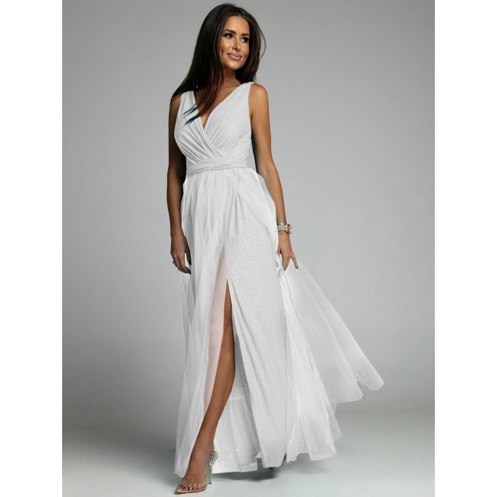 Glänzendes V-Ausschnitt Taillenbetontes Schlankmachendes Maxikleid mit Schlitz, Sexy Abendparty-Kleid für Damen Europäischer Amerikanischer Crossbody-Stil