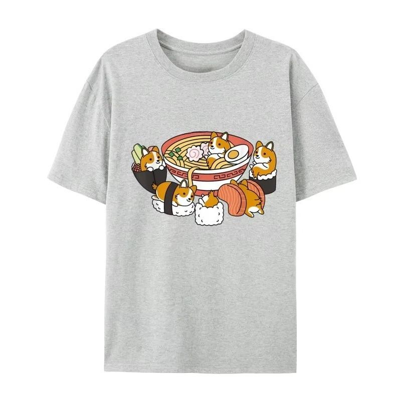 Ramen Sushi Corgi Dog Camisa Top women men T-Shirts Tees Pure Cotton Casual Tshirts Printing Boy Autumn and winter innerwear