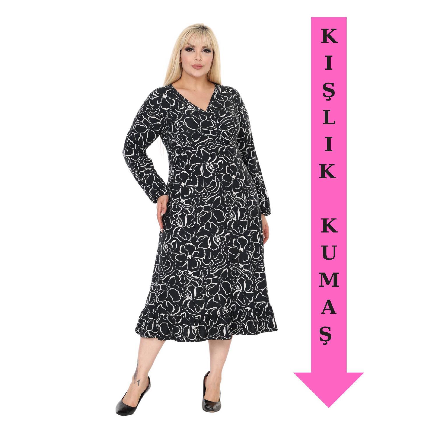 

Wide Winter Cruze Yaka Black Flower Patterned Spep Ruffled Dress 42-44 чорний